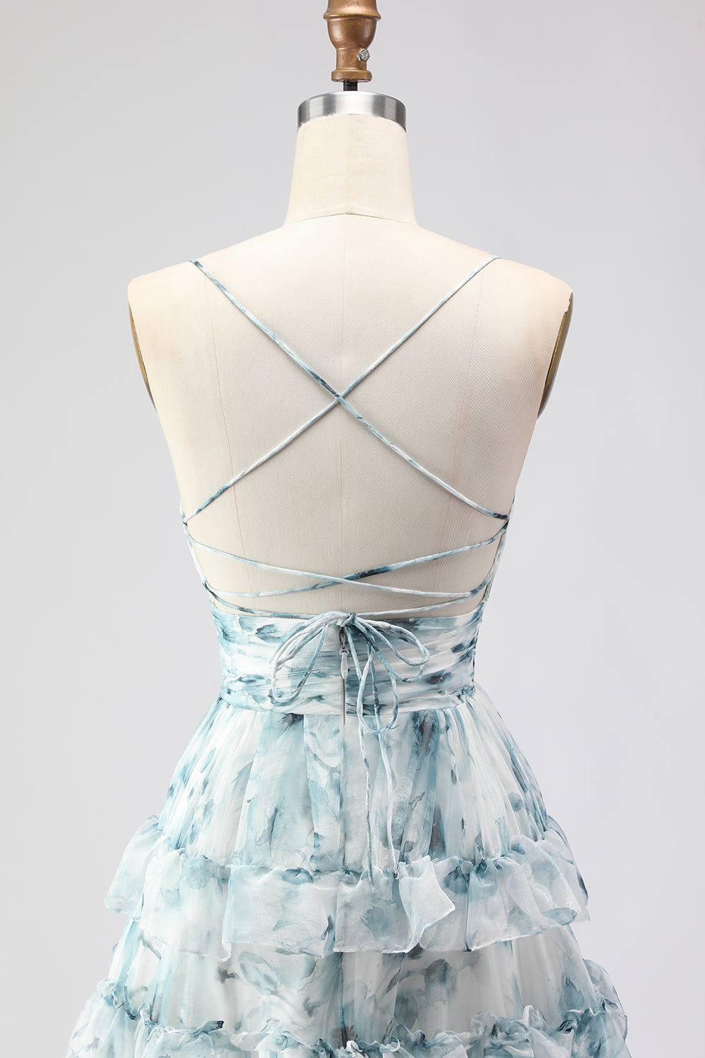 Blue Ruffled A-Line Tiered Long Prom Dress with Slit