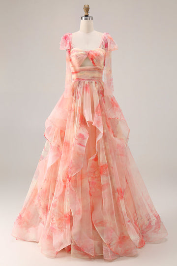 Sunset A Line Ruffled Cut Out Long Prom Dress with Keyhole