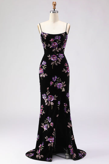 Floral Black Mermaid Spaghetti Straps Long Prom Dress with Slit
