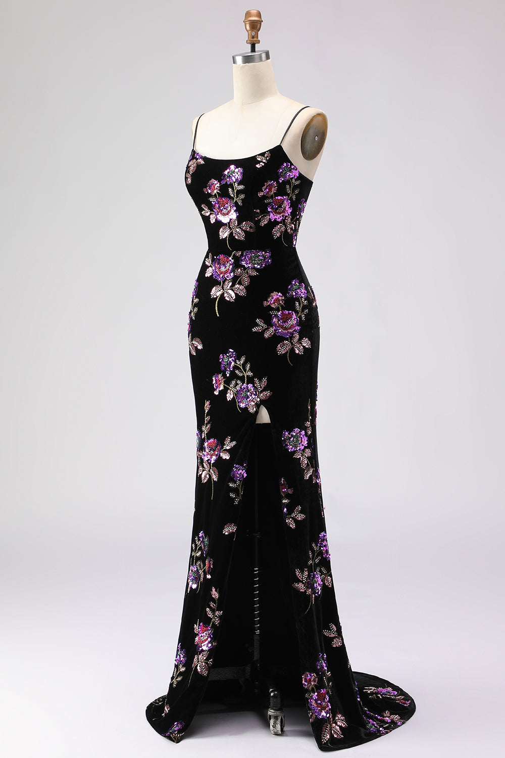 Floral Black Mermaid Spaghetti Straps Long Prom Dress with Slit