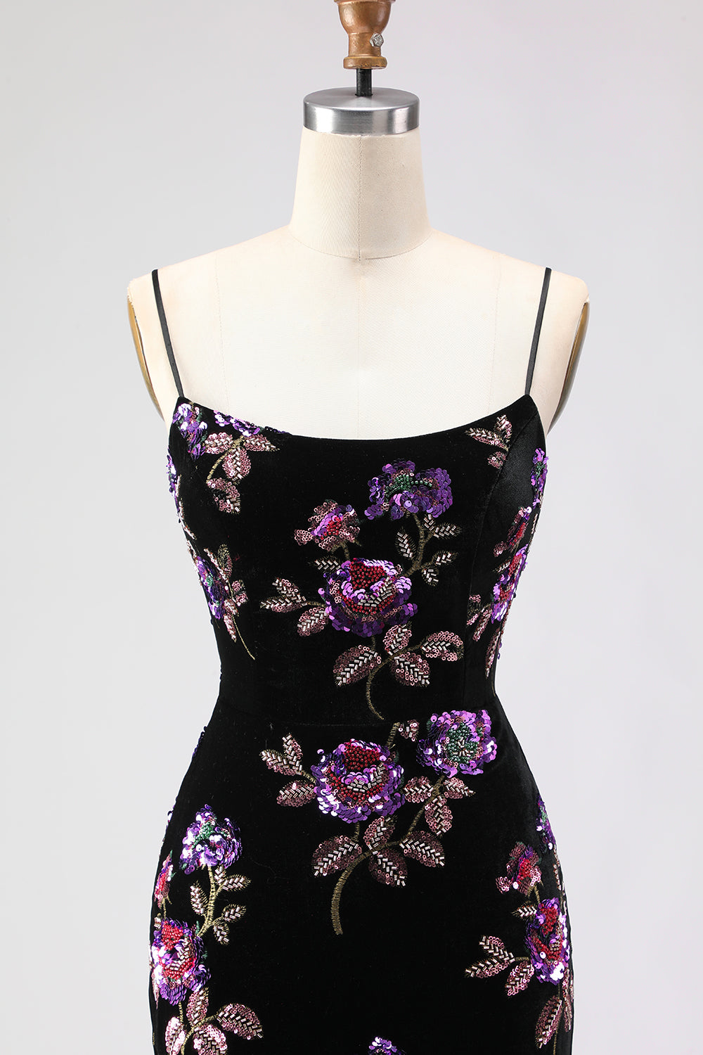 Floral Black Mermaid Spaghetti Straps Long Prom Dress with Slit