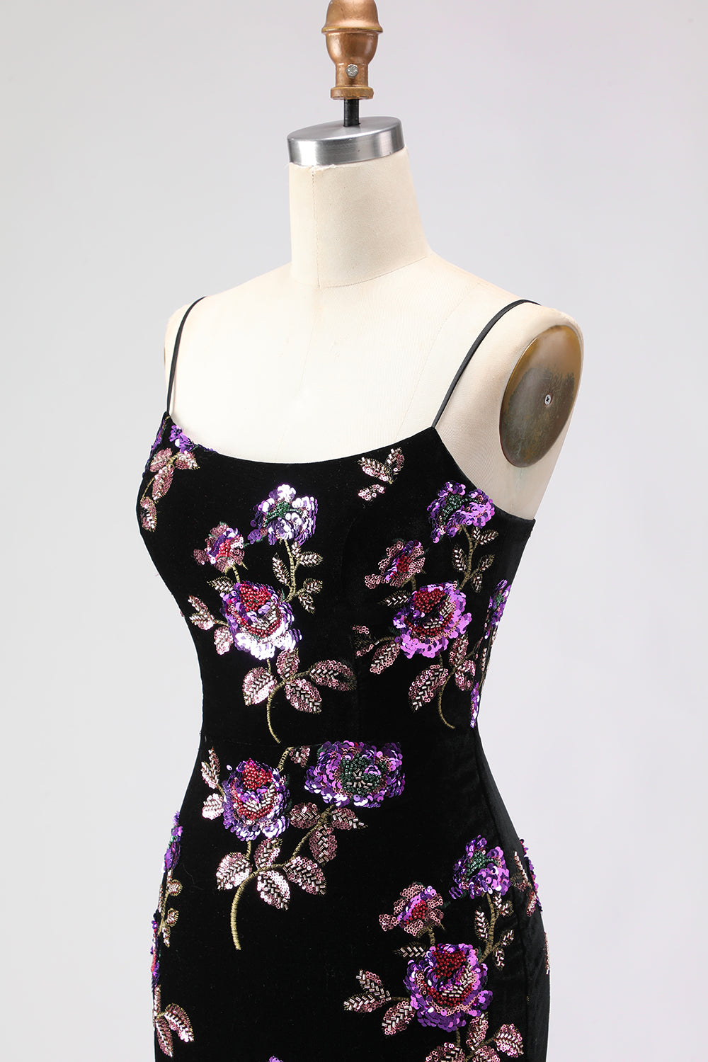 Floral Black Mermaid Spaghetti Straps Long Prom Dress with Slit