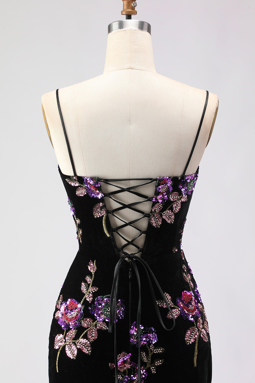 Floral Black Mermaid Spaghetti Straps Long Prom Dress with Slit