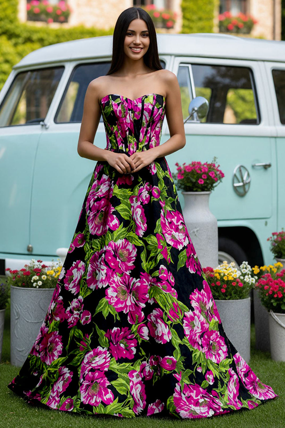 Floral Black Strapless A-Line Long Corset Prom Dress