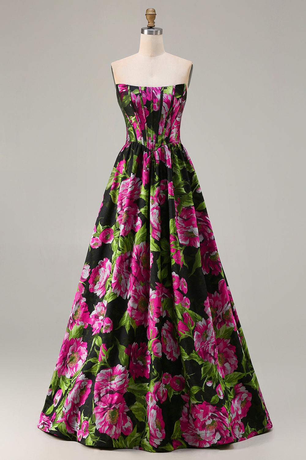 Floral Black Strapless A-Line Long Corset Prom Dress