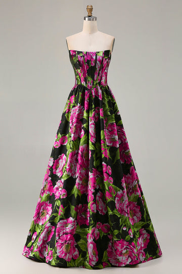Floral Black Strapless A-Line Long Corset Prom Dress