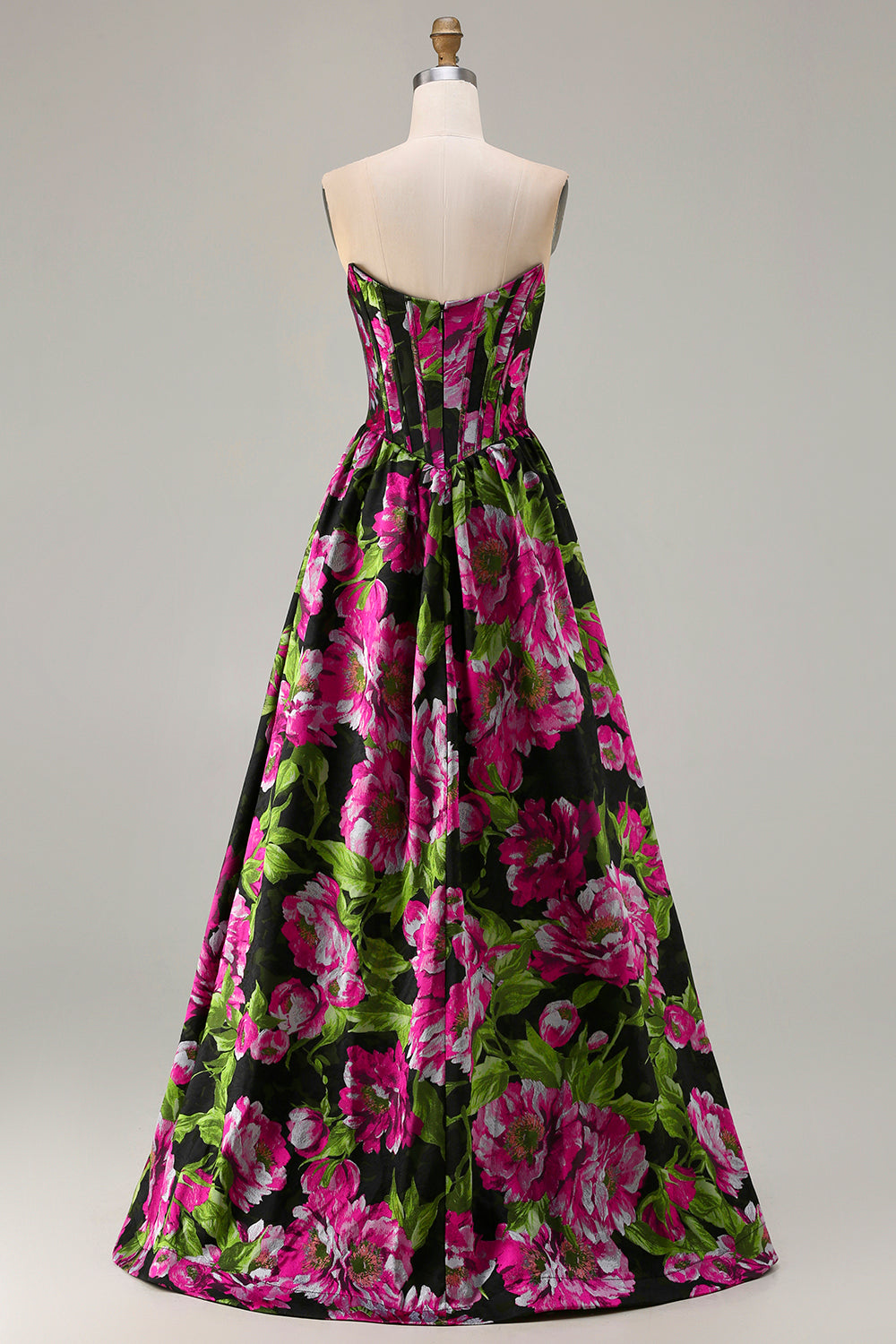 Floral Black Strapless A-Line Long Corset Prom Dress