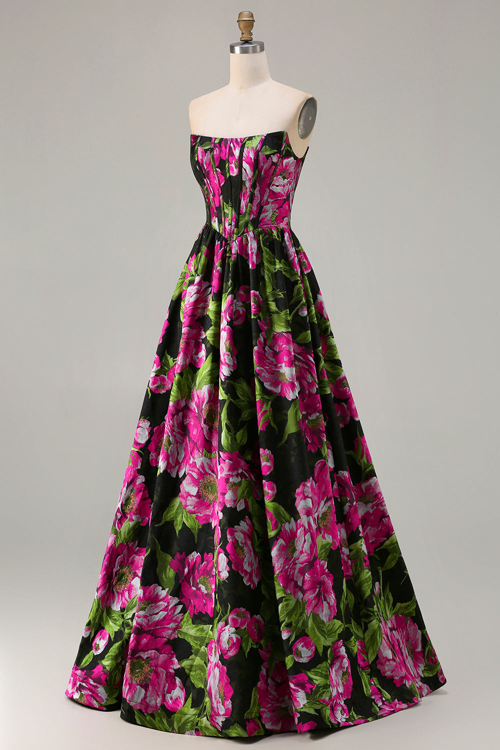 Floral Black Strapless A-Line Long Corset Prom Dress