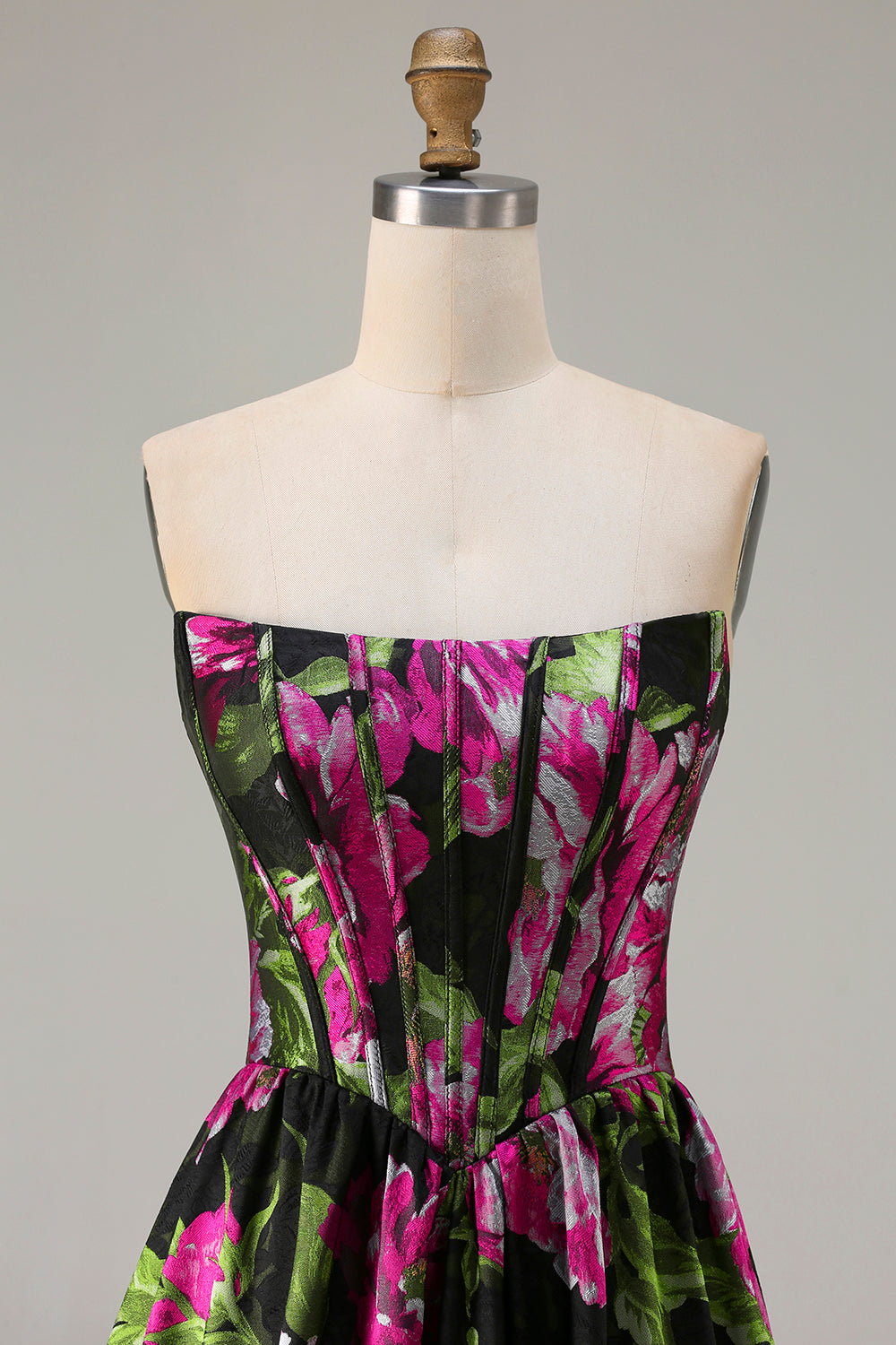 Floral Black Strapless A-Line Long Corset Prom Dress