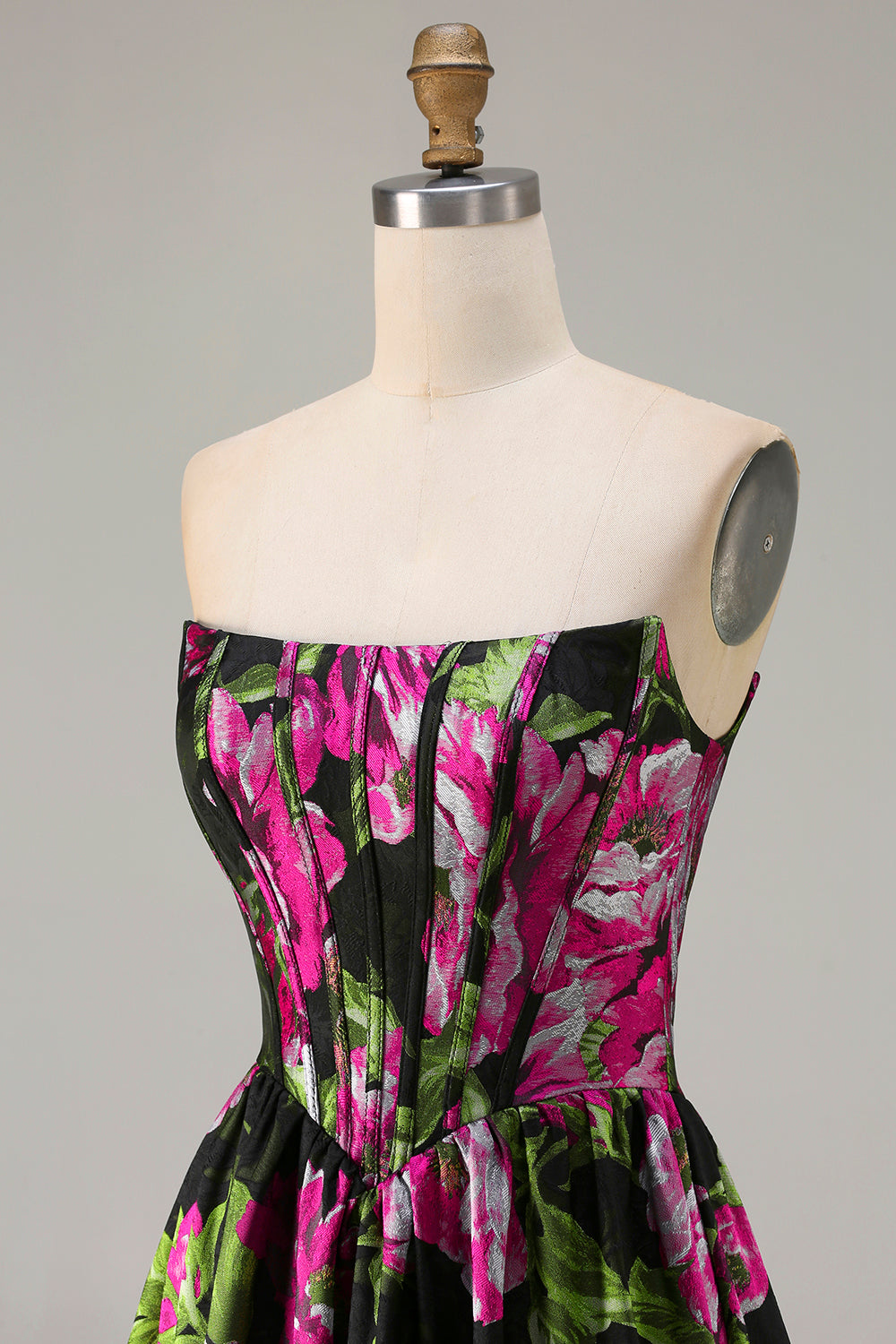 Floral Black Strapless A-Line Long Corset Prom Dress