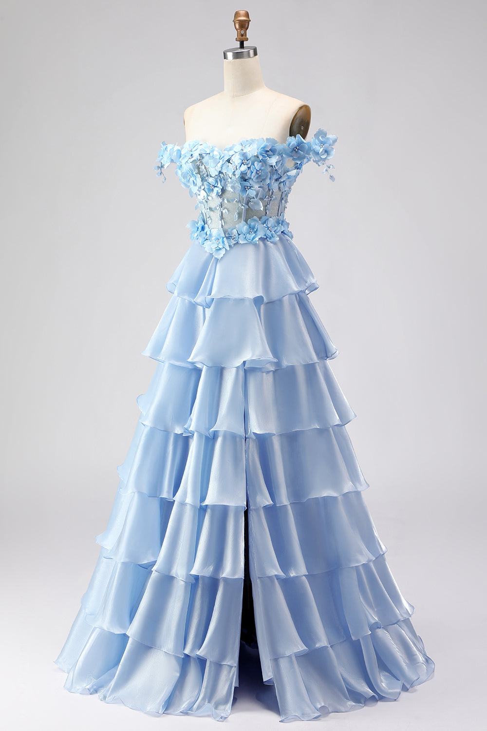 Floral Light Blue Tiered A-Line Long Corset Prom Dress with Ruffles