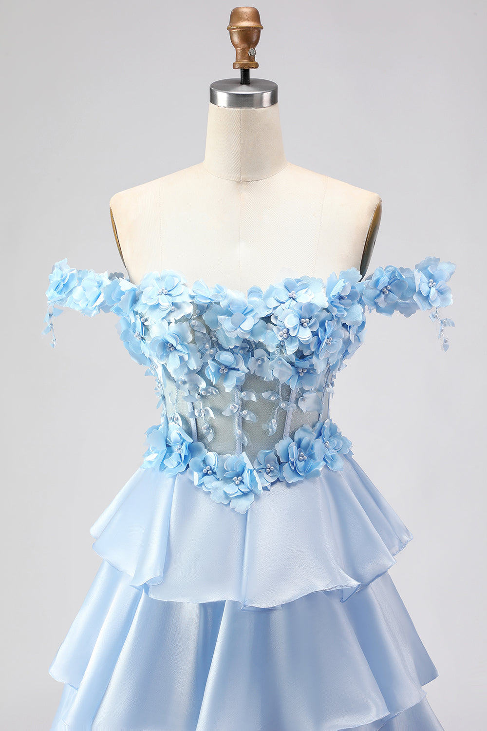 Floral Light Blue Tiered A-Line Long Corset Prom Dress with Ruffles