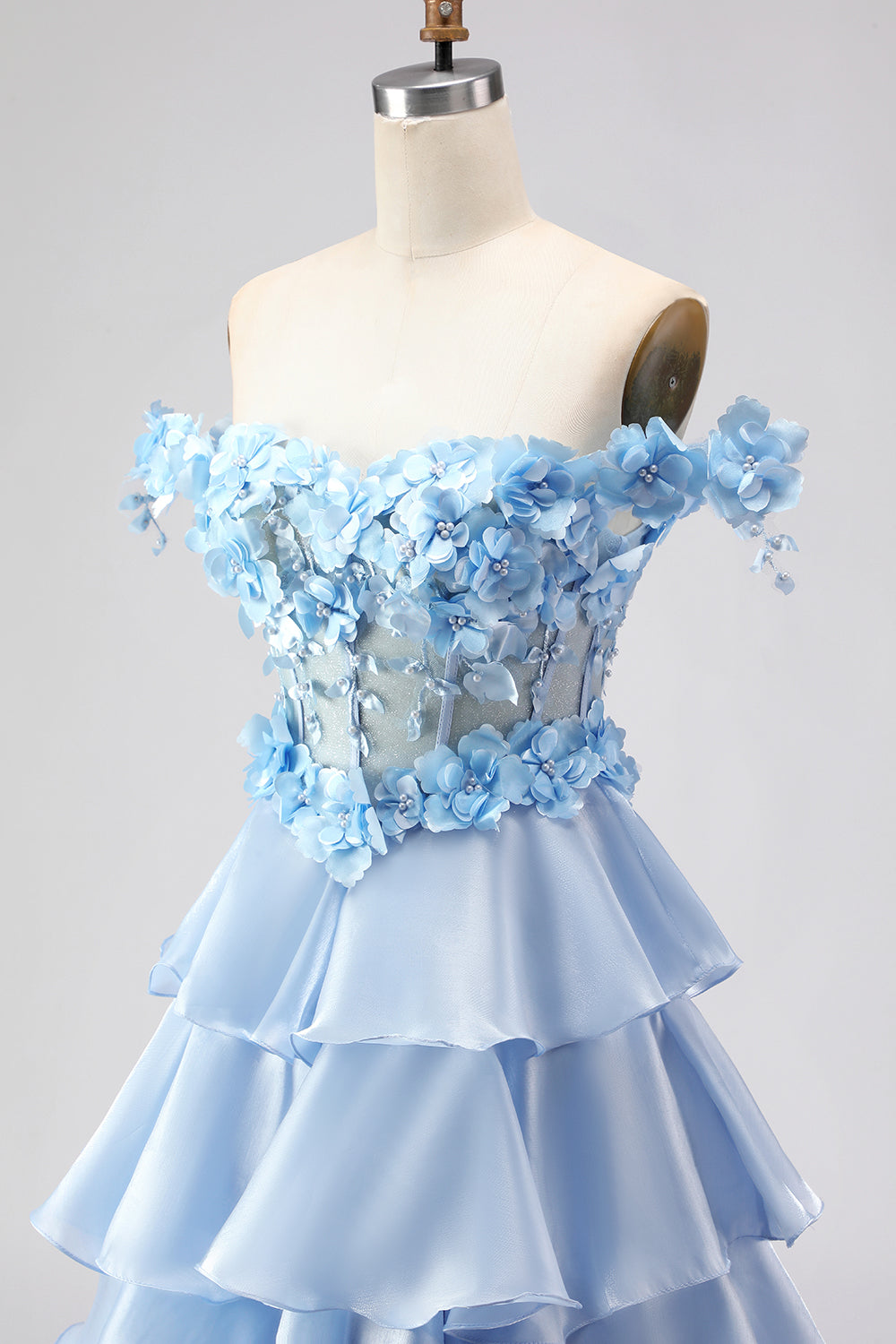 Floral Light Blue Tiered A-Line Long Corset Prom Dress with Ruffles