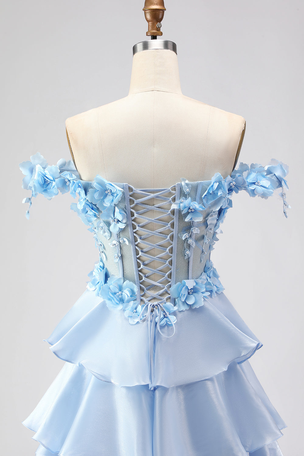 Floral Light Blue Tiered A-Line Long Corset Prom Dress with Ruffles