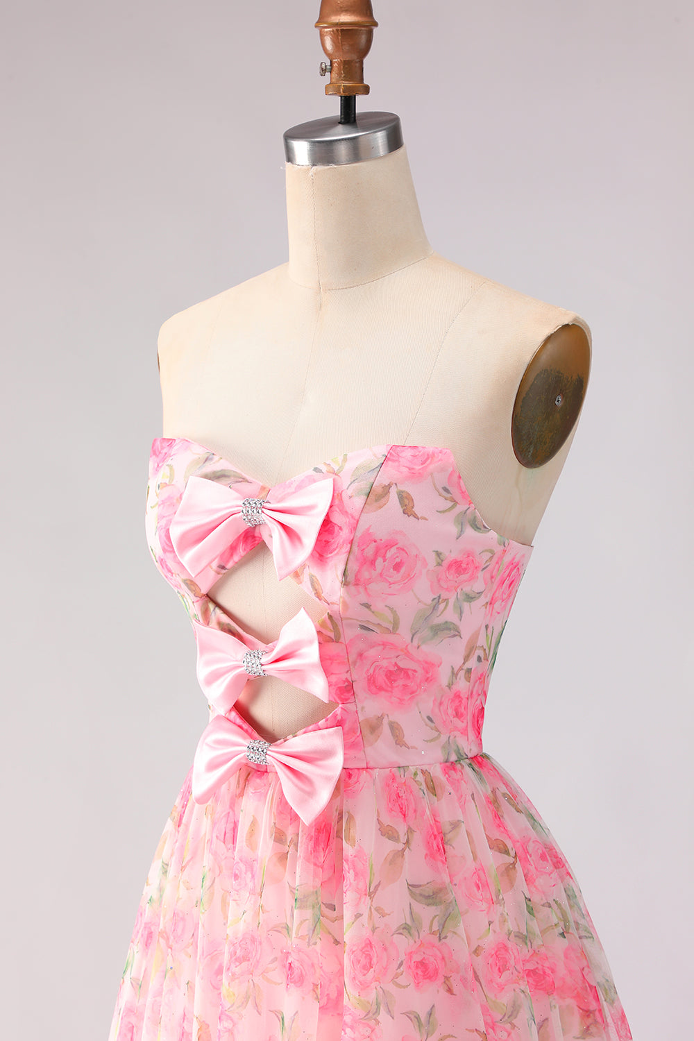 Floral Pink A Line Strapless Ruffled Long Prom Dress with Bows