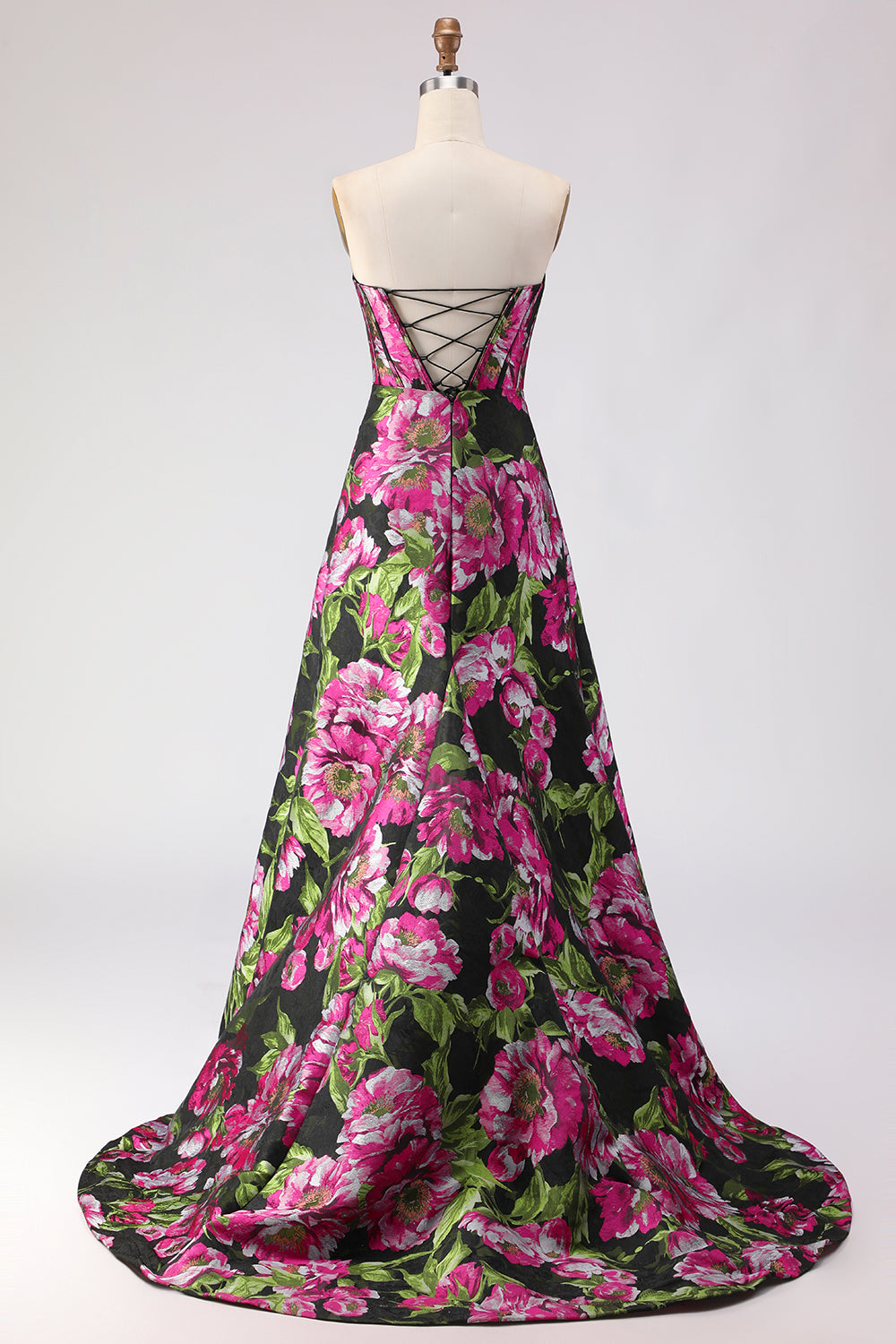Floral Black A-Line Jacquard Sweetheart Long Corset Prom Dress with Slit