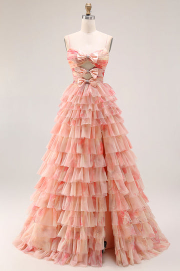 Sunset A Line Tiered Ruffled Long Prom Dress with Slit