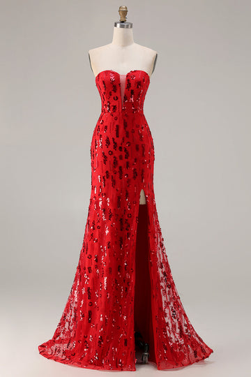 Sparkly Red Mermaid Sequin Strapless Long Prom Dress with Slit