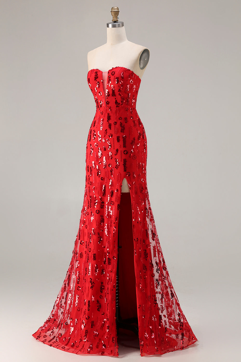 Sparkly Red Mermaid Sequin Strapless Long Prom Dress with Slit