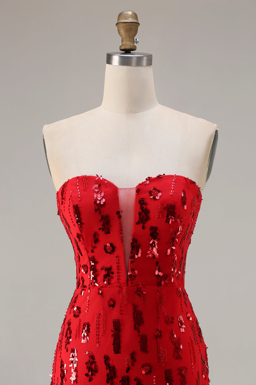 Sparkly Red Mermaid Sequin Strapless Long Prom Dress with Slit