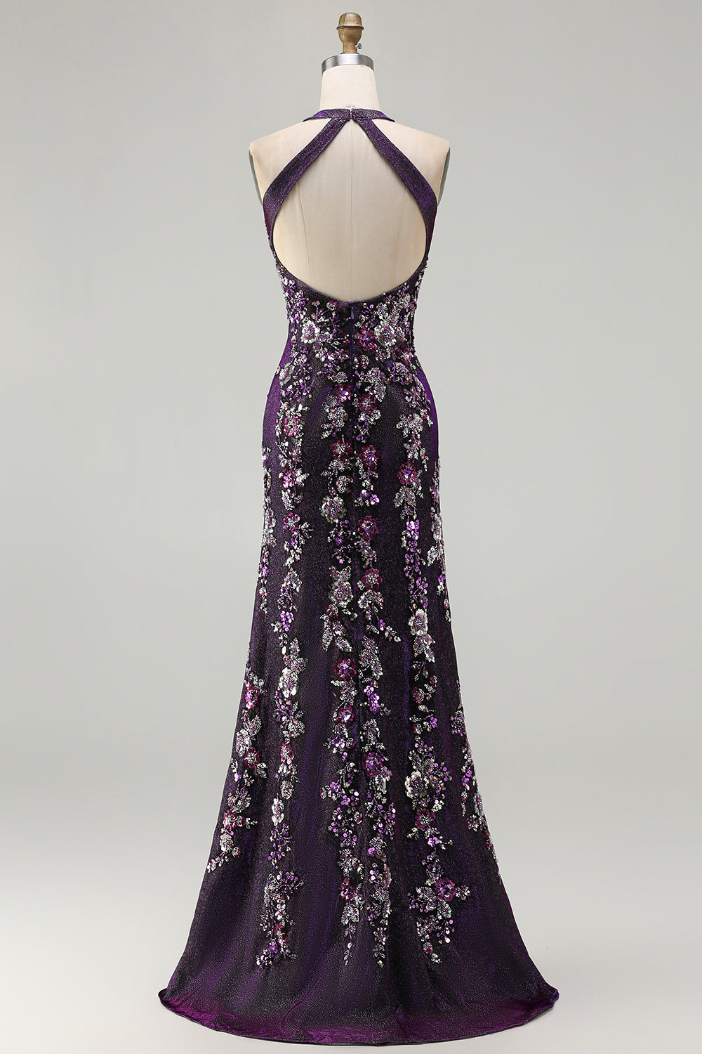 Sparkly Grape Floral Mermaid Beaded Long Prom Dress with Slit