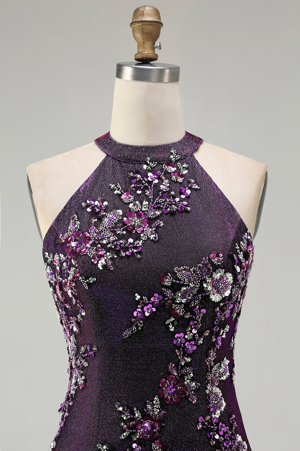 Sparkly Grape Floral Mermaid Beaded Long Prom Dress with Slit