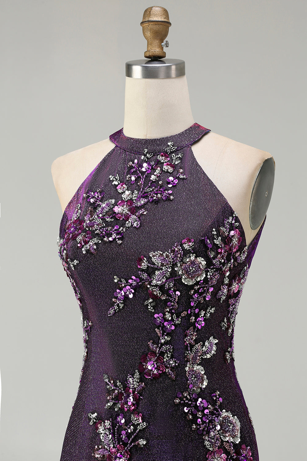 Sparkly Grape Floral Mermaid Beaded Long Prom Dress with Slit