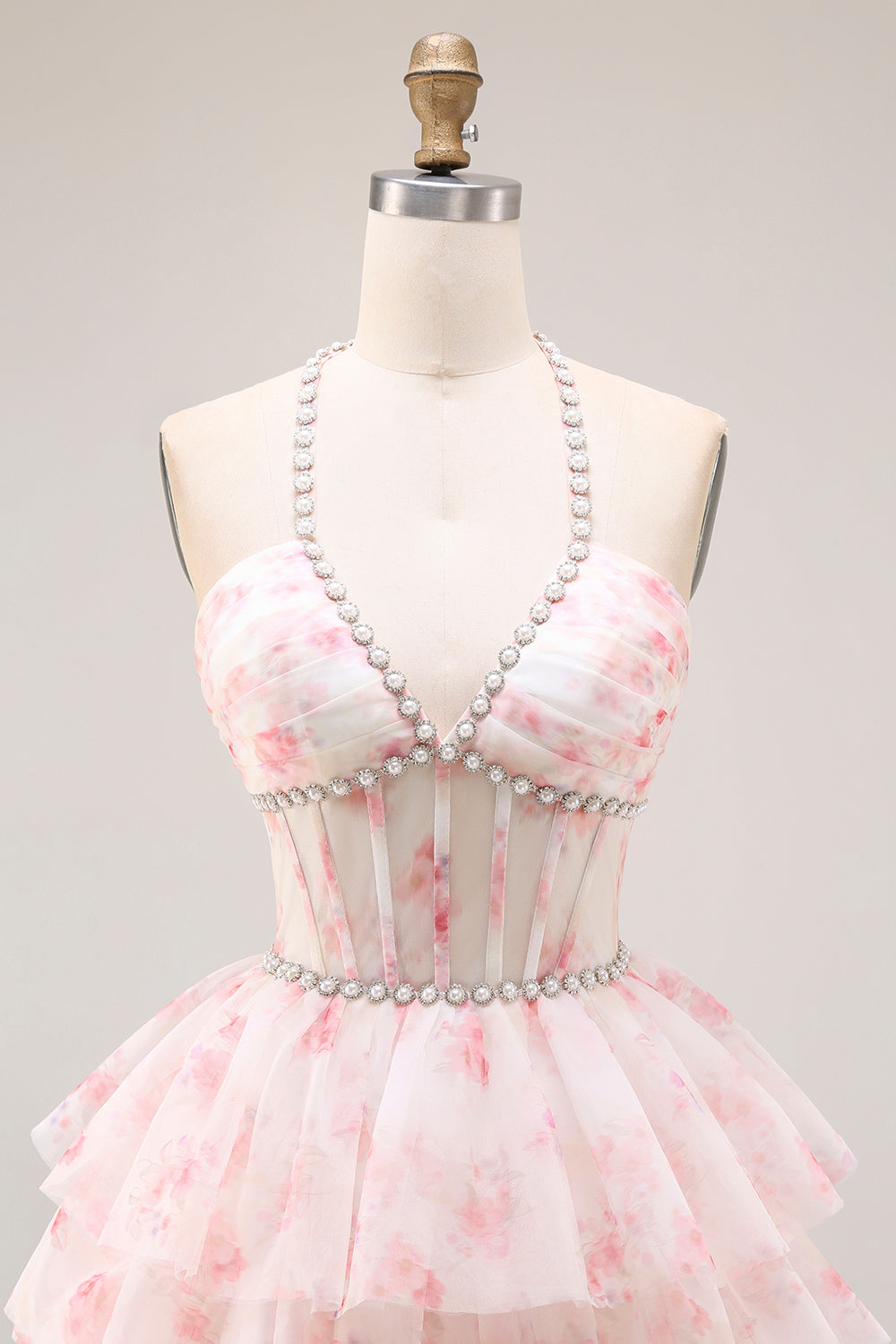 Candy Pink A Line Tiered Beaded Long Corset Prom Dress