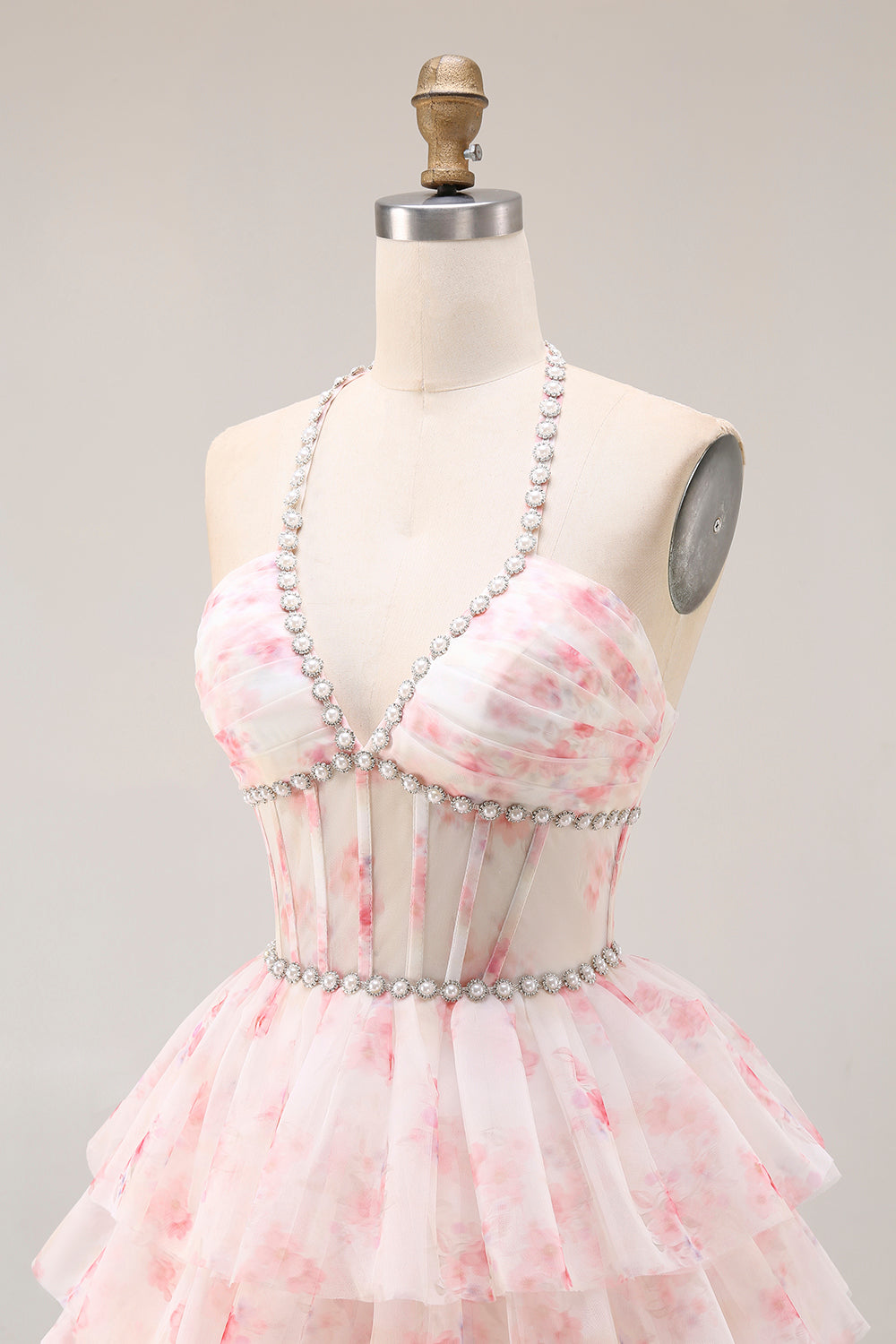 Candy Pink A Line Tiered Beaded Long Corset Prom Dress