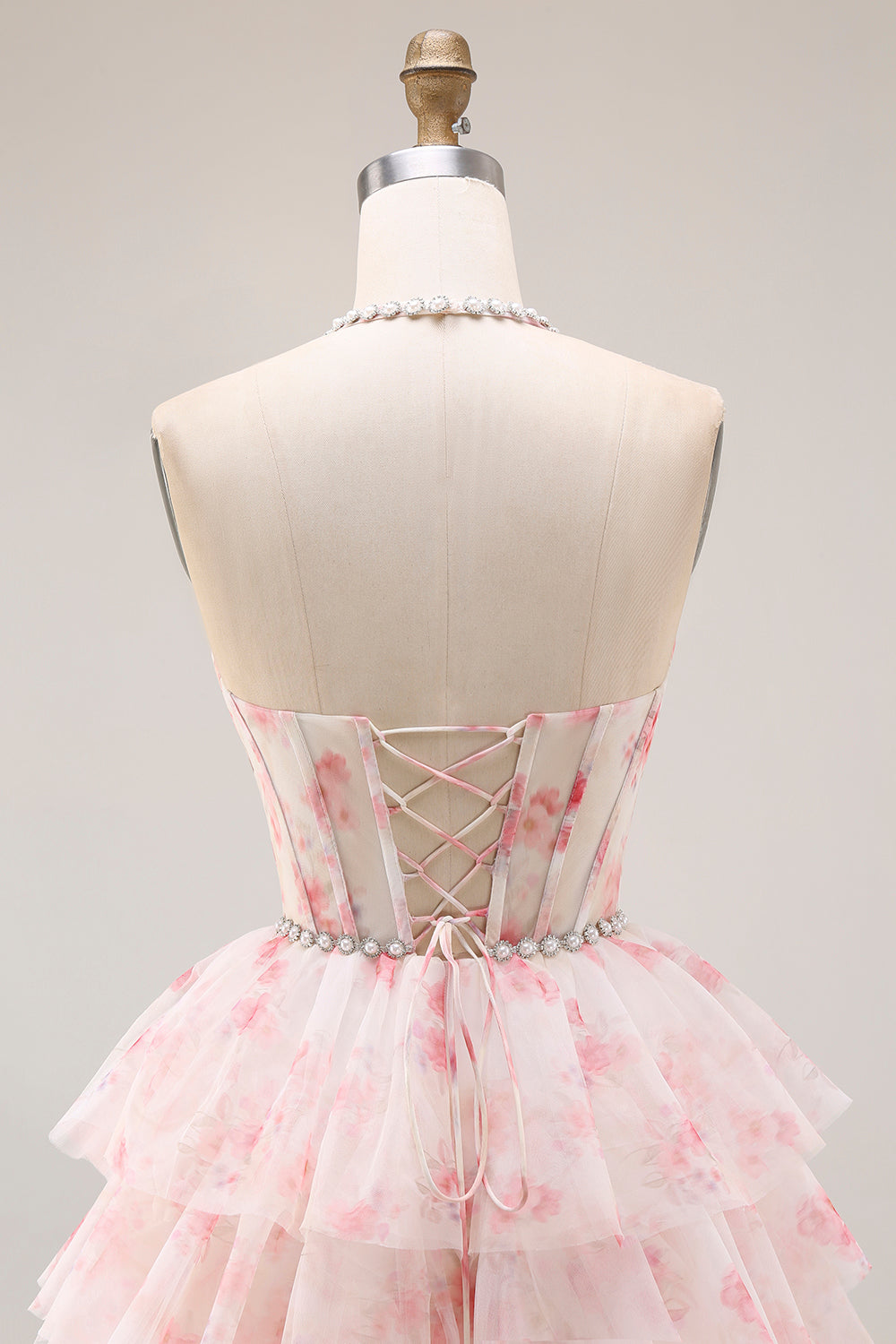 Candy Pink A Line Tiered Beaded Long Corset Prom Dress