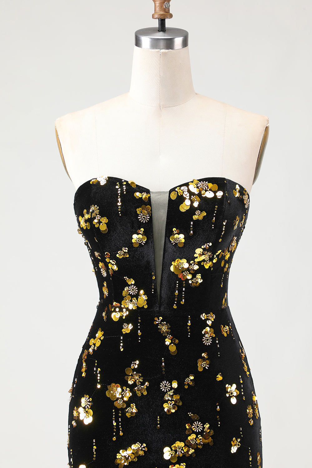 Sparkly Black and Golden Floral Mermaid Long Prom Dress with Slit