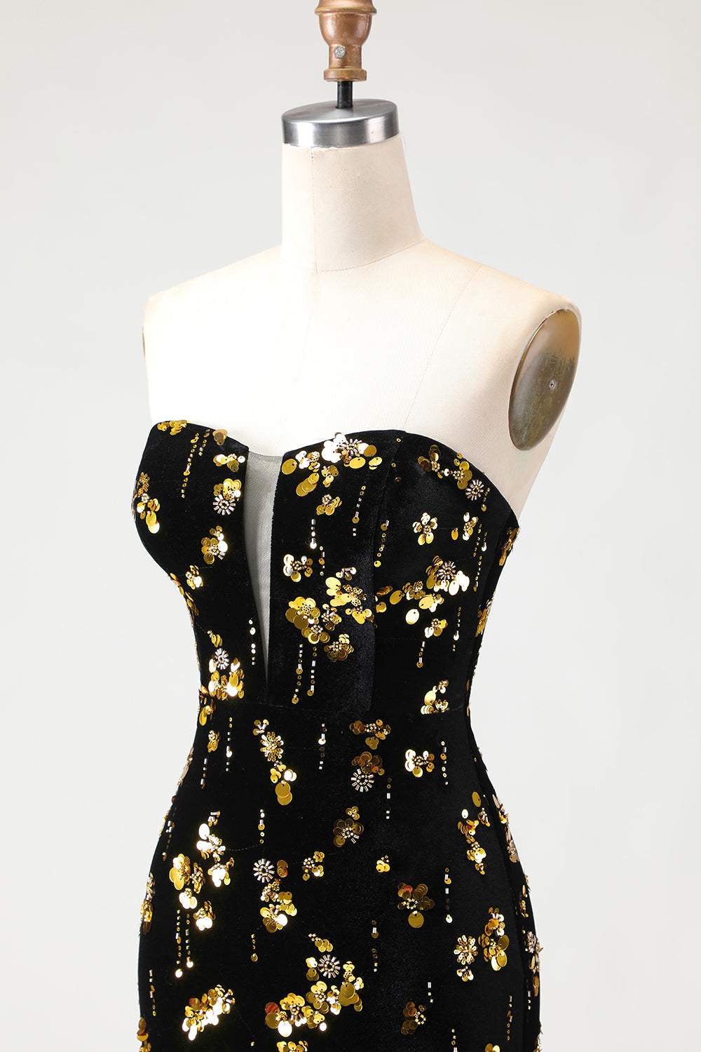 Sparkly Black and Golden Floral Mermaid Long Prom Dress with Slit