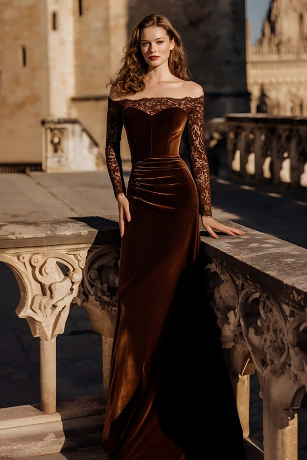 Brown Velvet Mermaid Off the Shoulder Long Holiday Party Dress with Lace