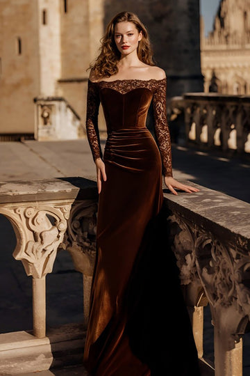 Brown Velvet Mermaid Off the Shoulder Long Holiday Party Dress with Lace