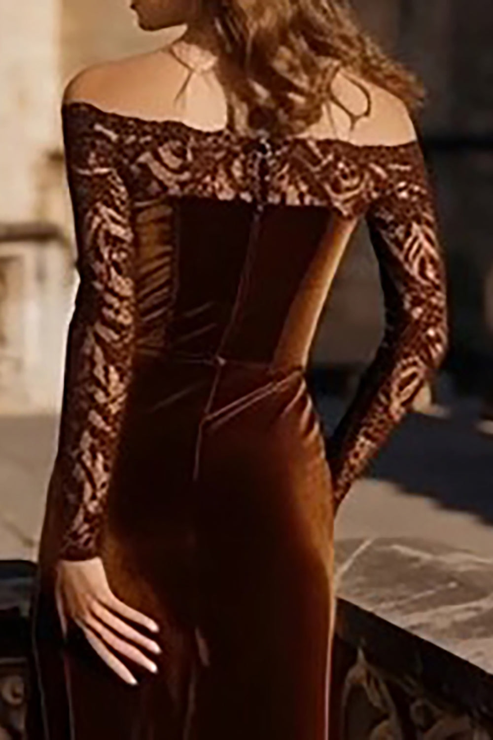 Brown Velvet Mermaid Off the Shoulder Long Holiday Party Dress with Lace