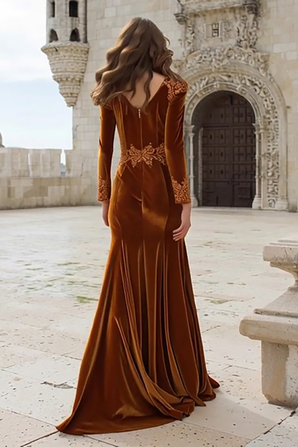 Caramel Velvet Appliqued Mermaid Long Holiday Party Dress