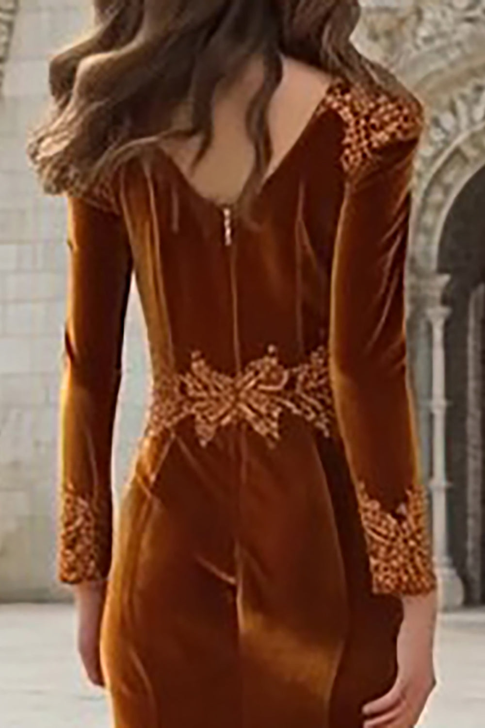 Caramel Velvet Appliqued Mermaid Long Holiday Party Dress