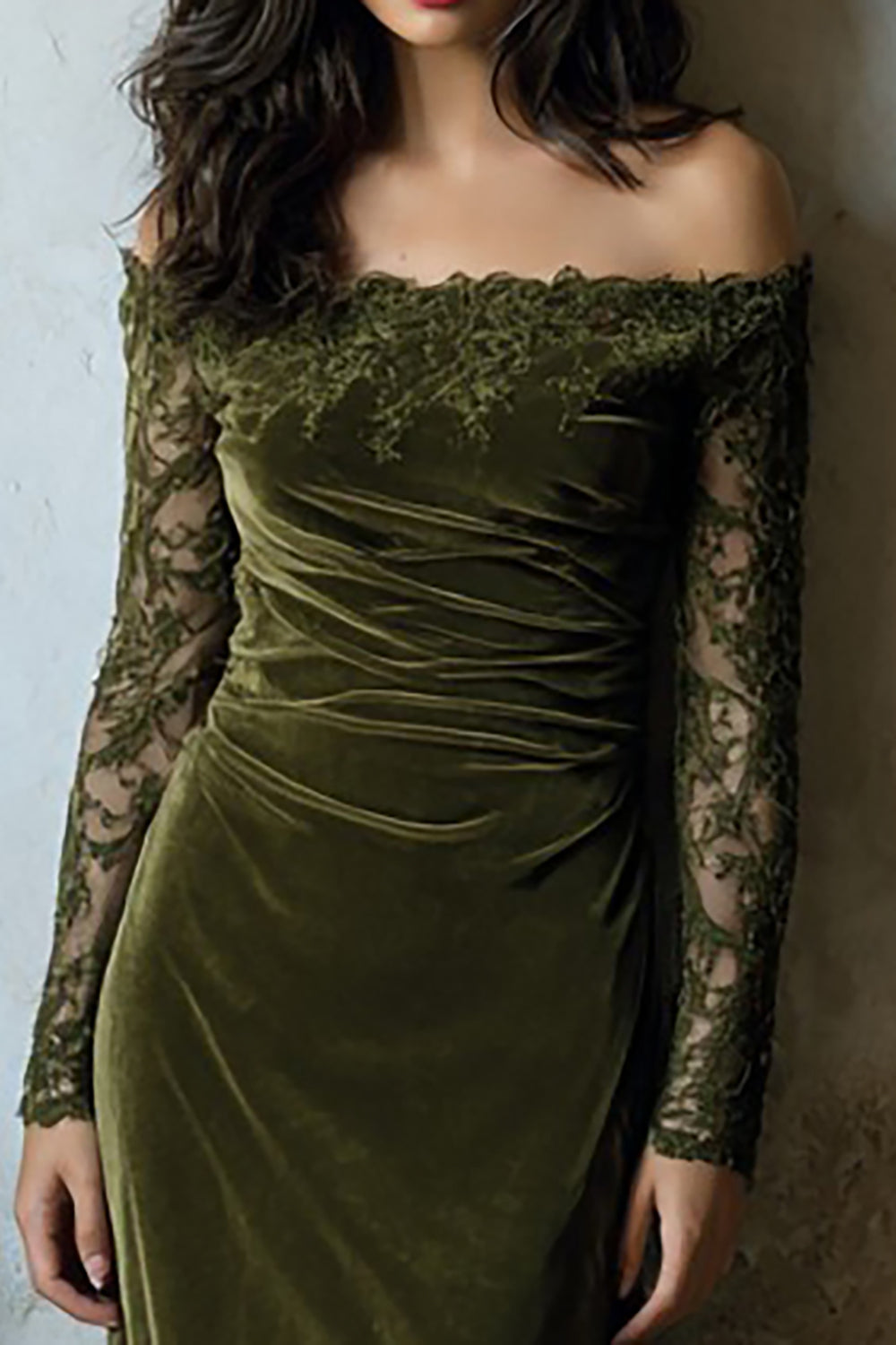 Olive Velvet Off the Shoulder Mermaid Long Holiday Party Dress