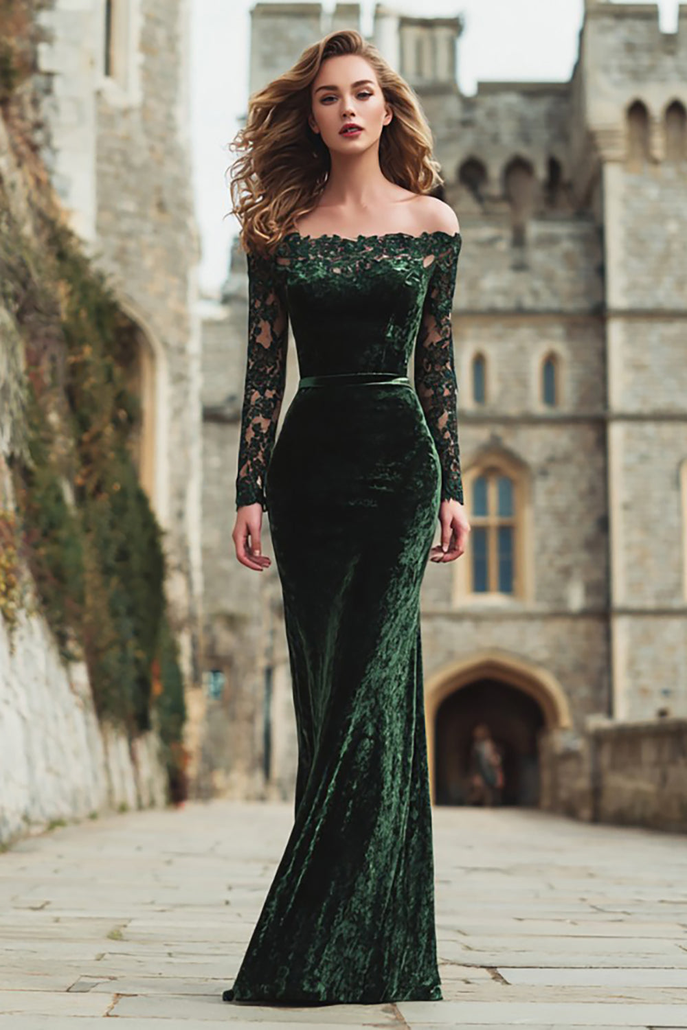 Plus Size Dark Green Off the Shoulder Mermaid Long Holiday Party Dress with Lace