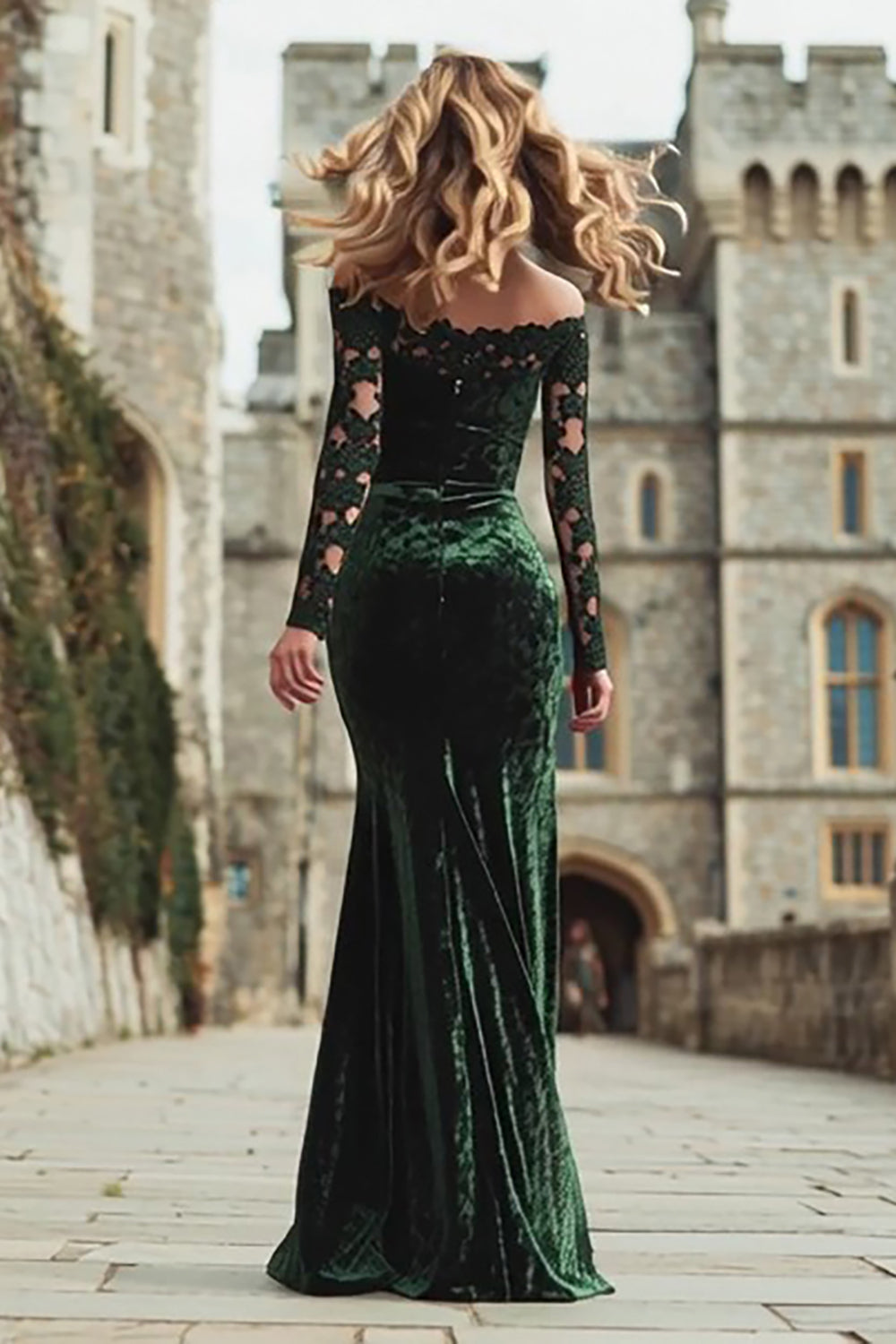 Dark Green Off the Shoulder Mermaid Long Sleeves Formal Dress with Lace