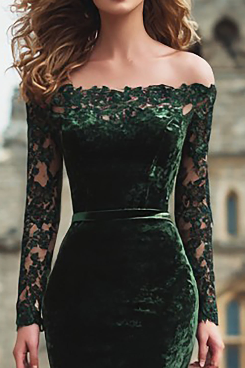 Plus Size Dark Green Off the Shoulder Mermaid Long Holiday Party Dress with Lace