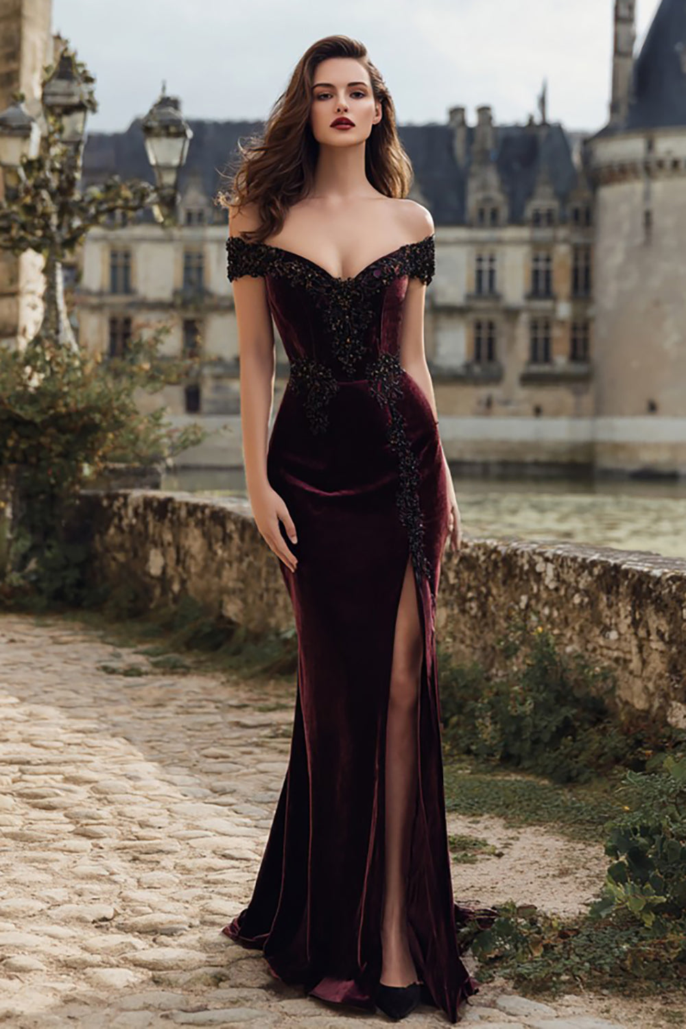 Burgundy Velvet Mermaid Appliqued Long Holiday Party Dress with Slit