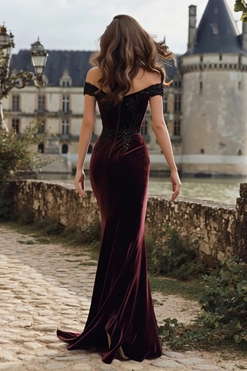 Burgundy Velvet Mermaid Appliqued Long Holiday Party Dress with Slit