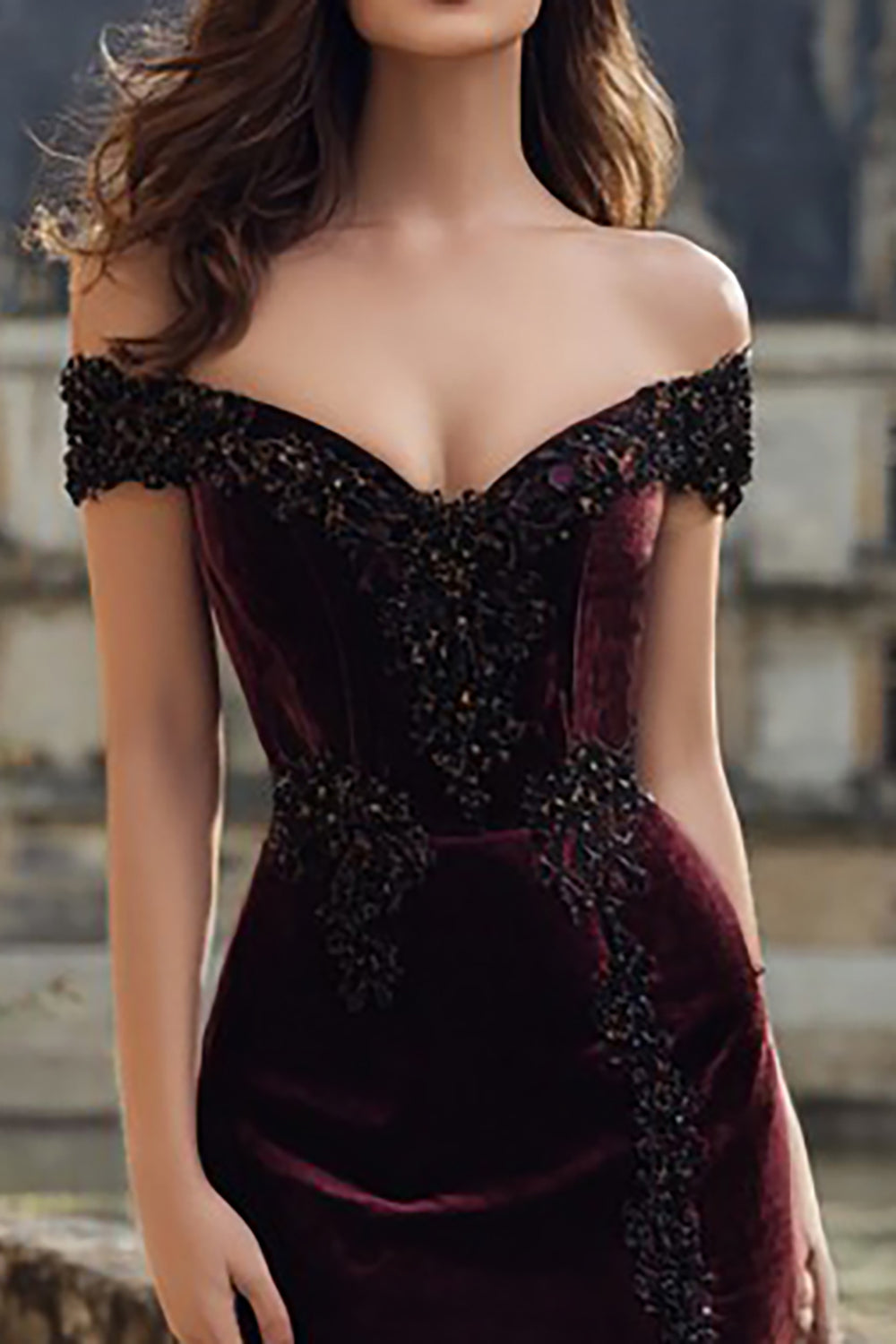 Burgundy Velvet Mermaid Appliqued Long Holiday Party Dress with Slit
