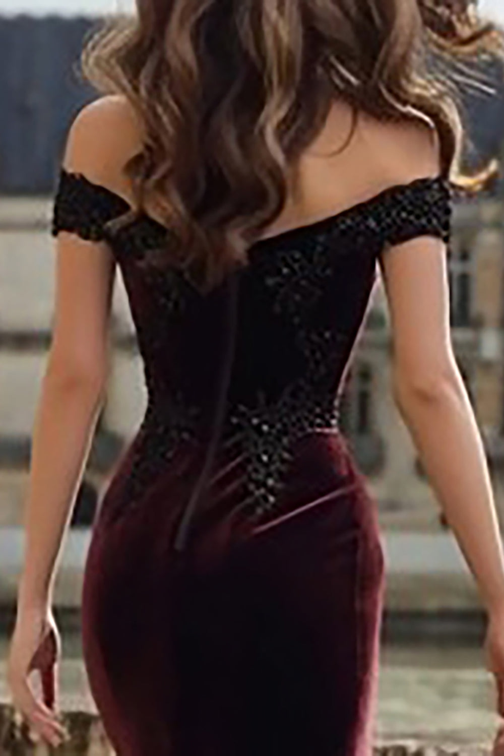 Burgundy Velvet Mermaid Appliqued Long Holiday Party Dress with Slit