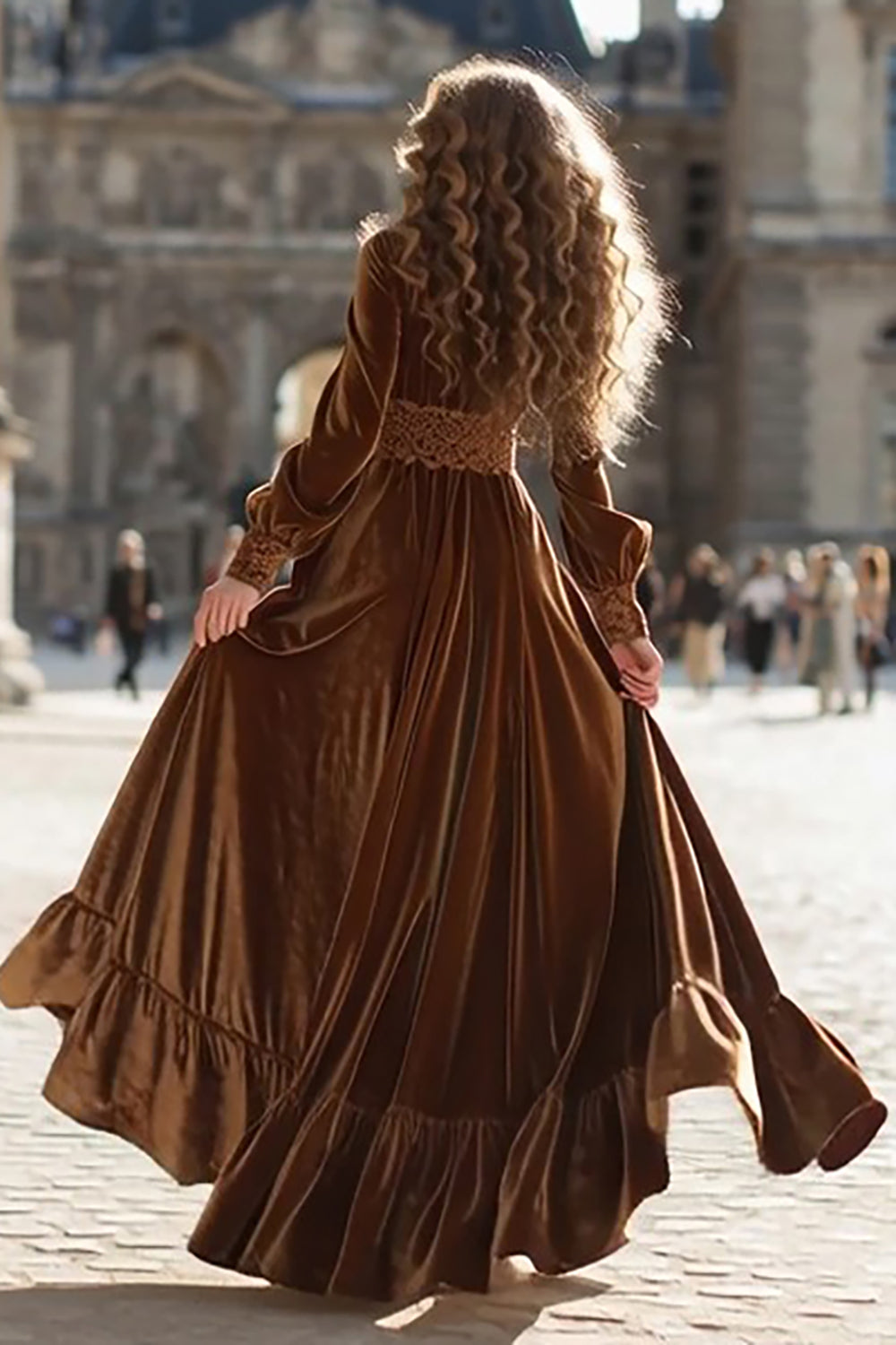 Brown Velvet A Line V-Neck Long Sleeves Formal Dress with Ruffles