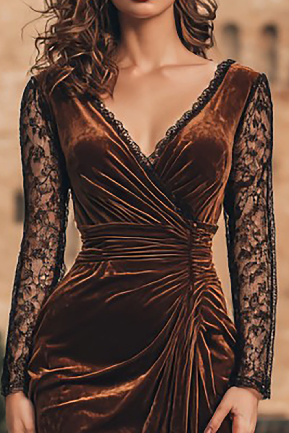 Brown Mermaid Velvet Midi Holiday Party Dress