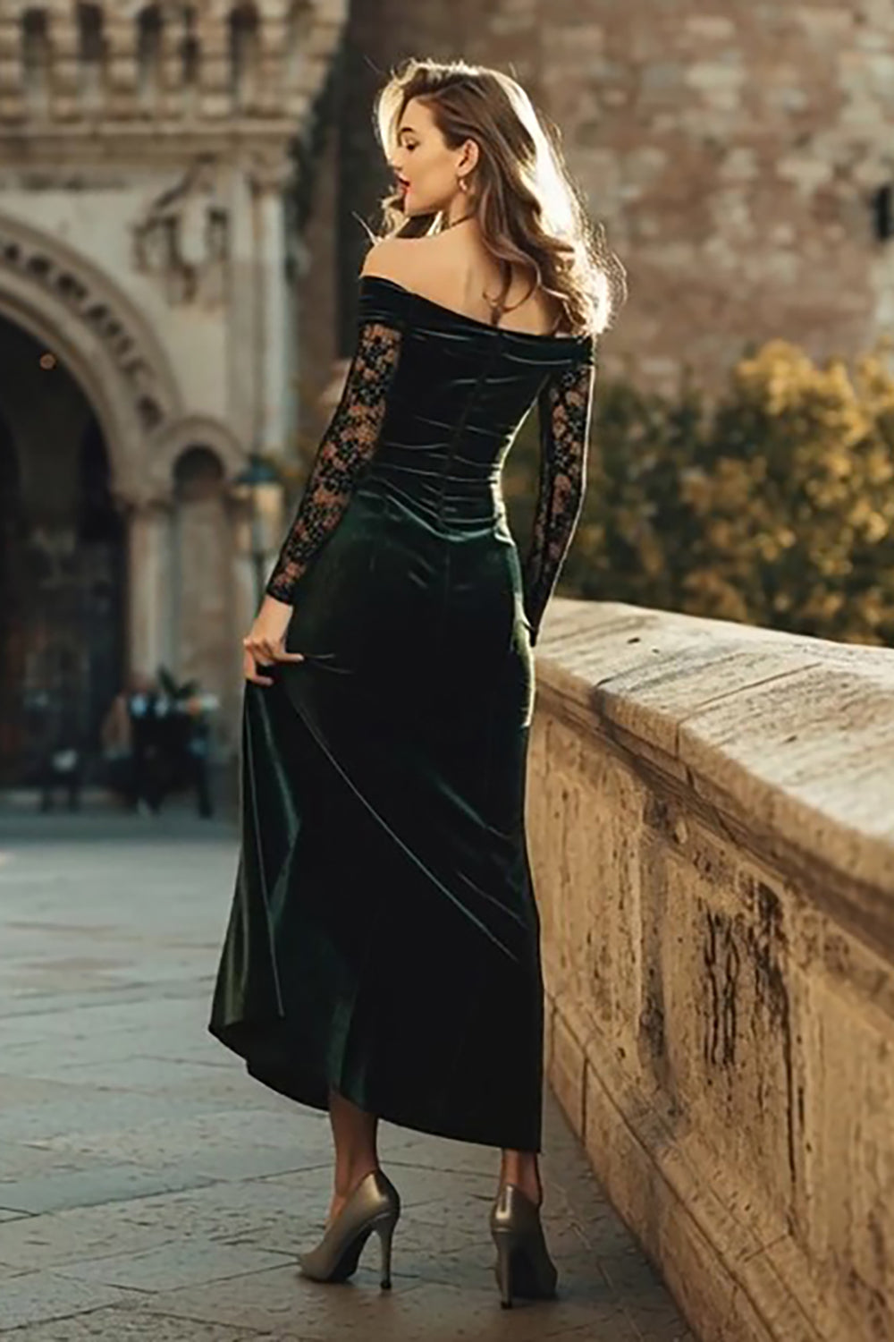 Dark Green Mermaid Velvet Off the Shoulder Long Holiday Party Dress with Lace
