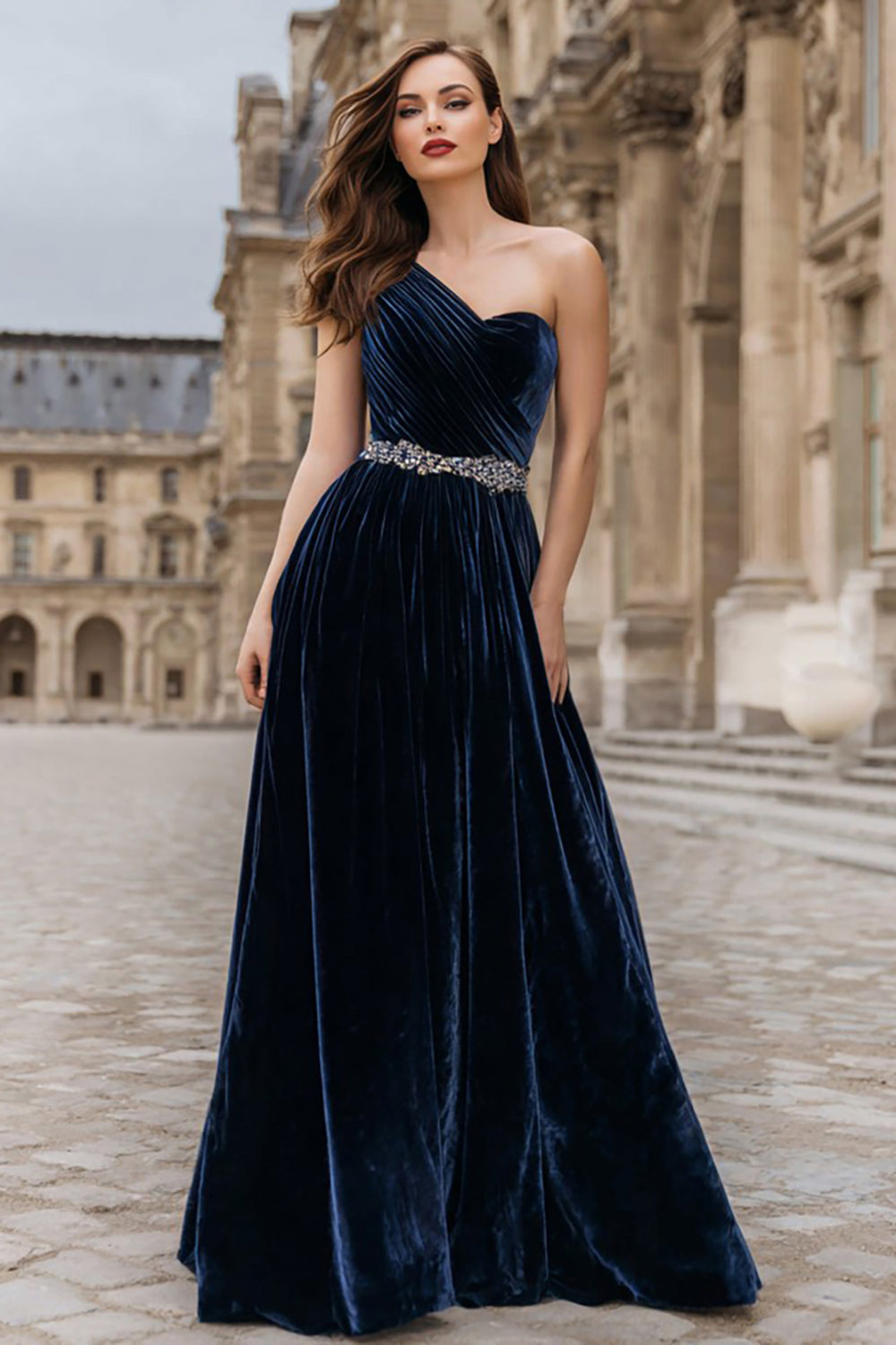 Sparkly Navy Beaded Velvet Long Holiday Party Dress
