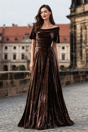 Brown A Line Long Velvet Holiday Party Dress